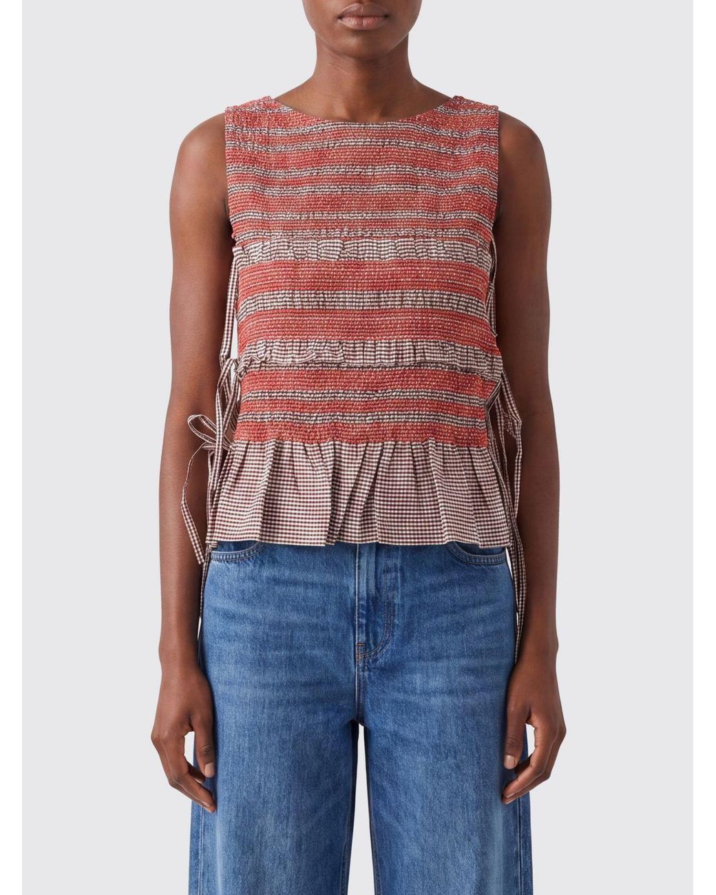 Ganni Red Elastic Printed Top With Ruching And Side Ties