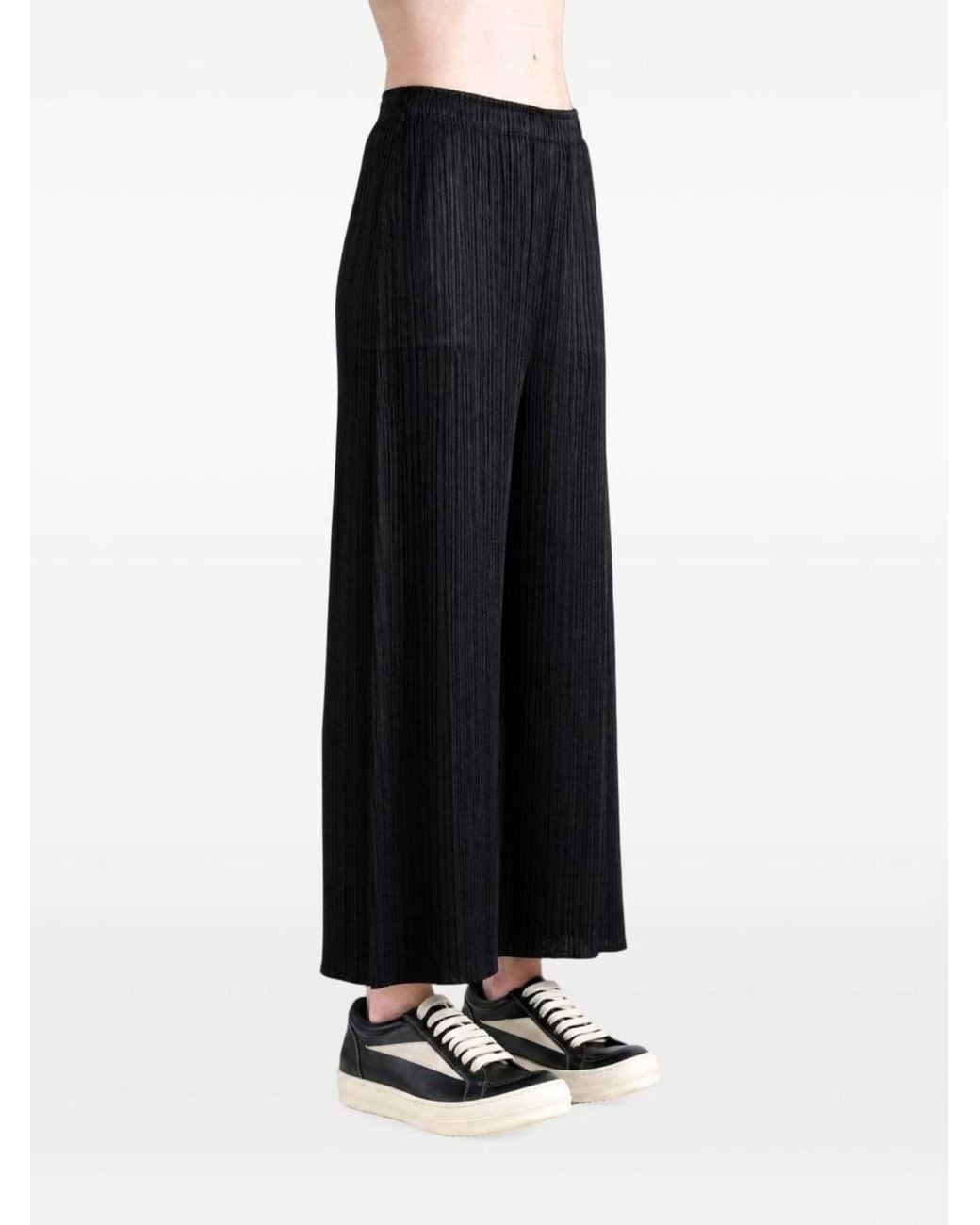 Pleats Please Issey Miyake Black Pleated Elastic Waist Wide-Leg Trousers