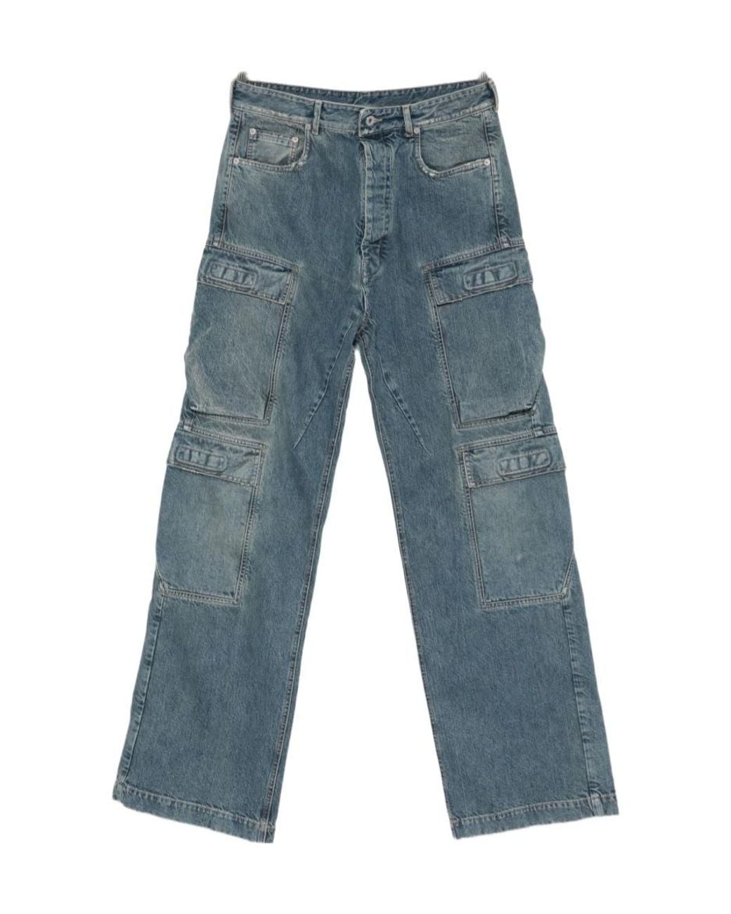 Rick Owens Blue Distressed Relaxed-Fit Cargo Jeans for men