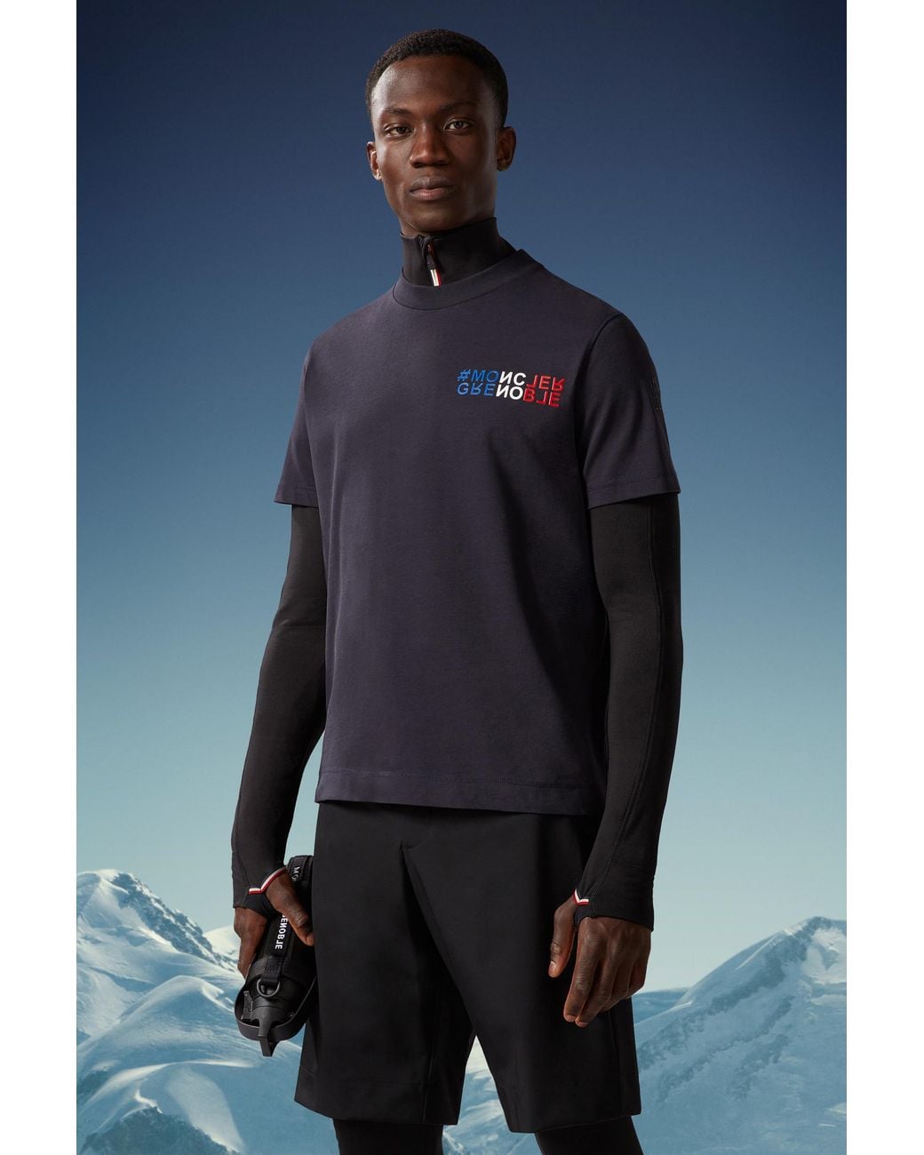 Moncler Blue Grenoble Mountain Logo Embossed Crewneck T-Shirt for men