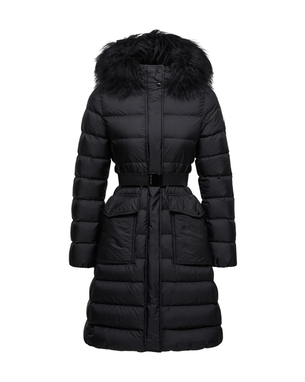 Moncler Black Khloesse Shearling-Trimmed Hooded Long Down Jacket