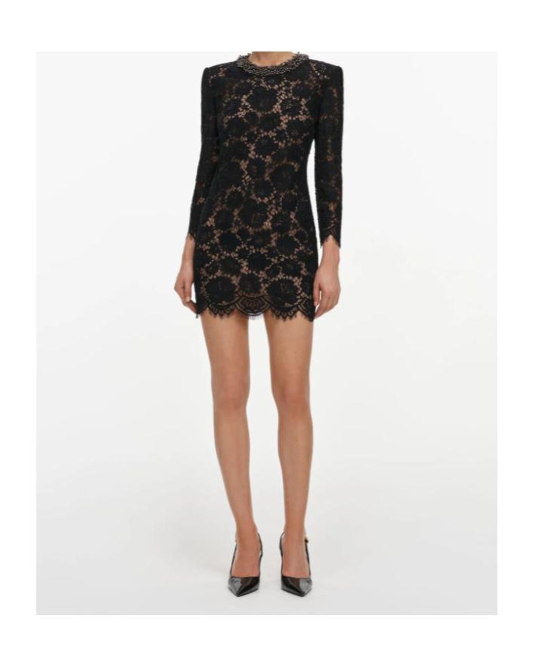 Self-Portrait Black Beaded Collar Lace Mini Dress