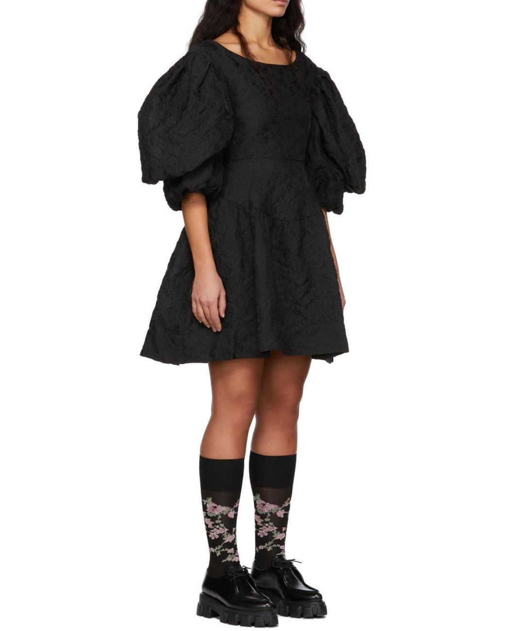 Simone Rocha Black Jacquard Puff-Sleeve Mini Dress