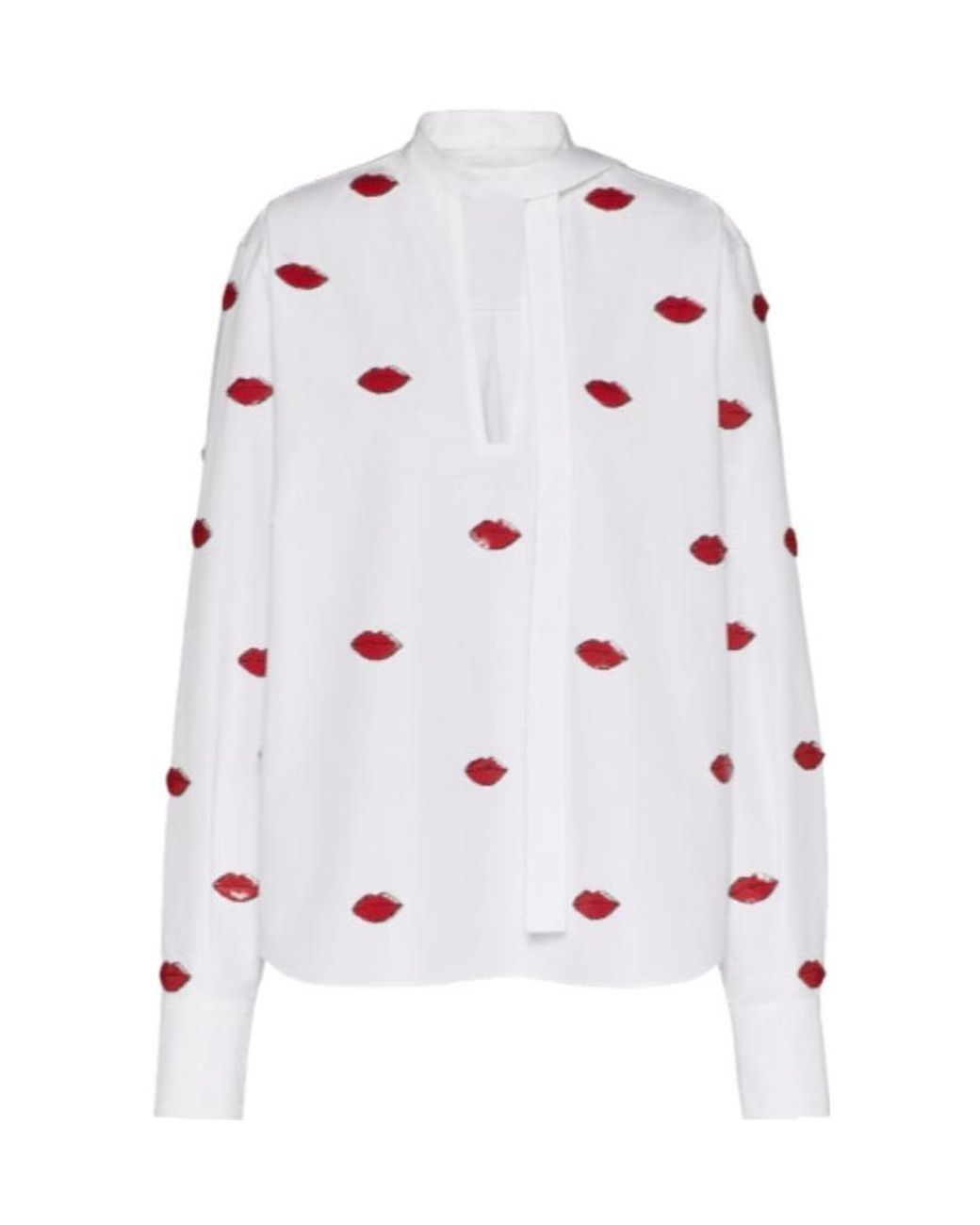 Valentino White Lips Print Tie-Neck Shirt