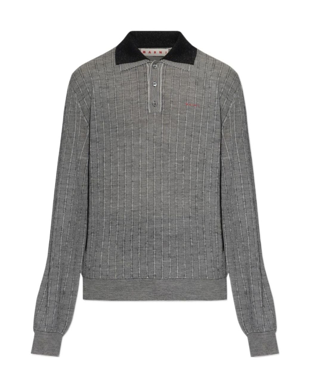 Marni Gray Striped Long Sleeve Polo Shirt for men