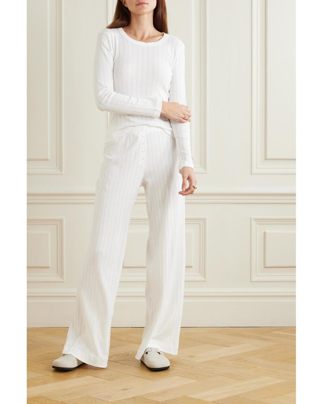 Leset White Boxer Pointelle-Knit Cotton Pants
