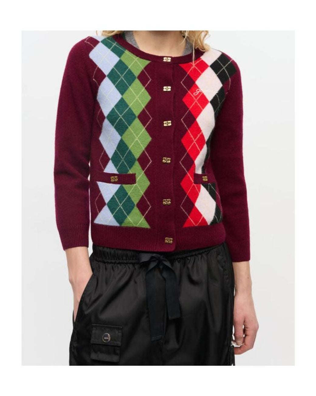 Ganni Red Check Cardigan