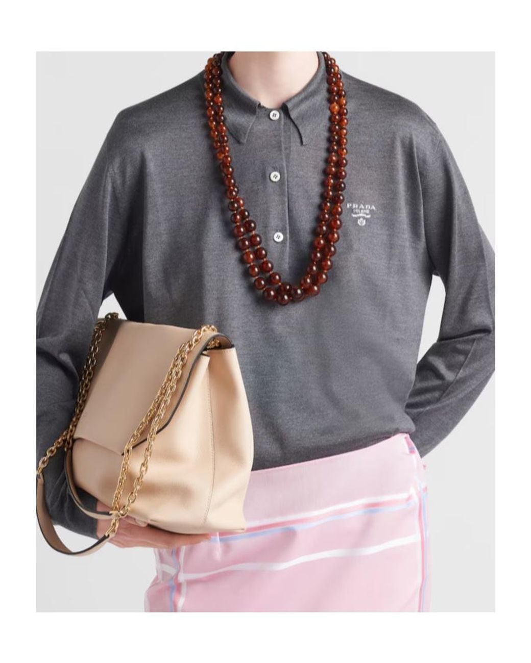 Prada Gray Silk Long-Sleeve Polo Shirt