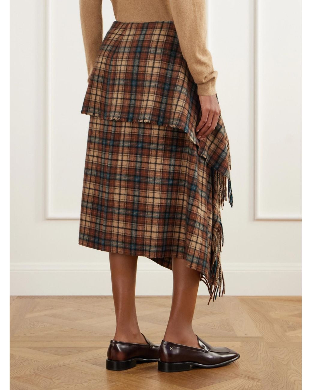 Auralee Brown Asymmetric Fringed Checked Cashmere Wrap Midi Skirt