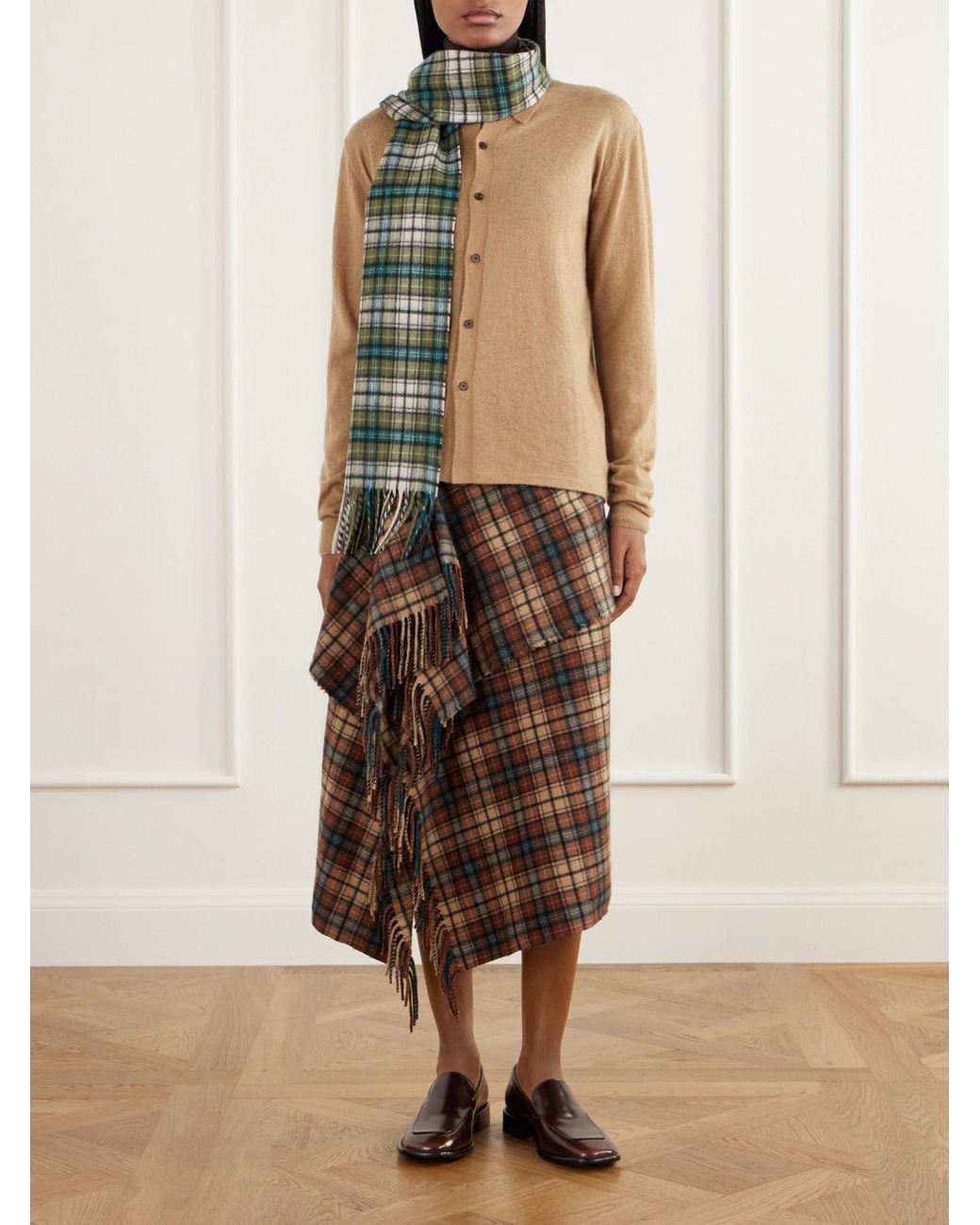 Auralee Brown Asymmetric Fringed Checked Cashmere Wrap Midi Skirt