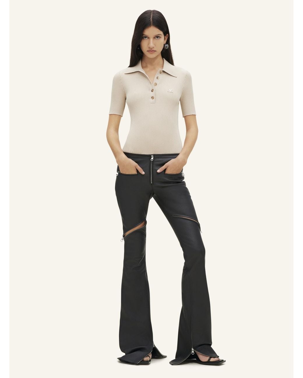 Courreges Natural Courrèges Rib Knit Short-Sleeved Polo Shirt