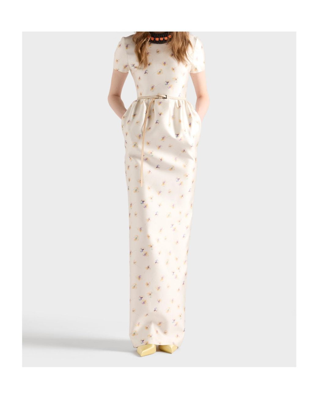 Prada White Long Floral Print Silk And Wool Dress
