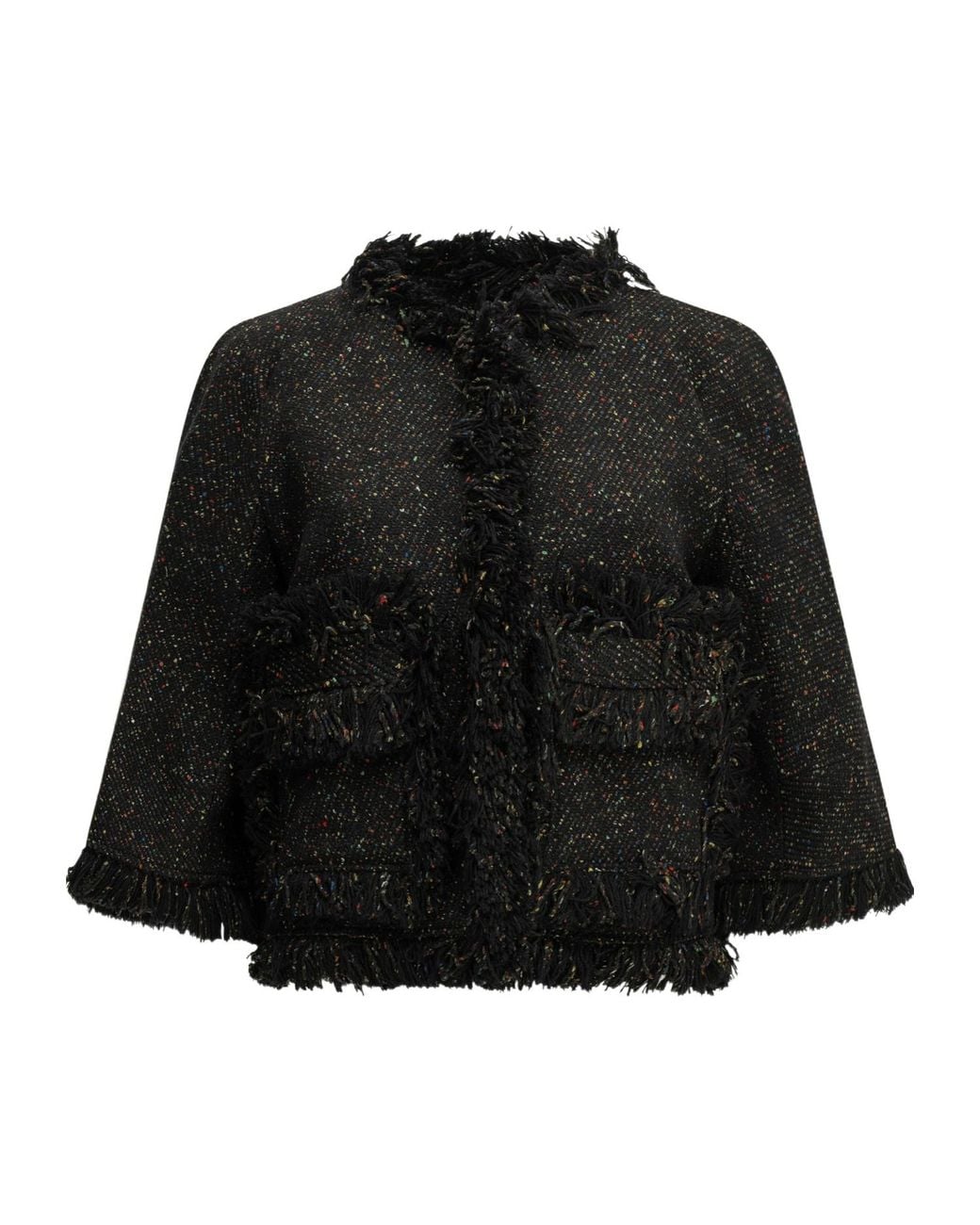 Sacai Black Fringed Tweed-Effect Jacket