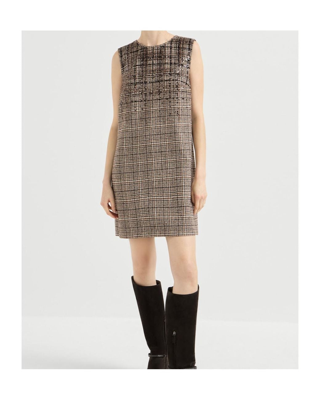 Brunello Cucinelli Brown Checked Alpaca And Wool Mini Dress With Dazzling Degradé Embroidery