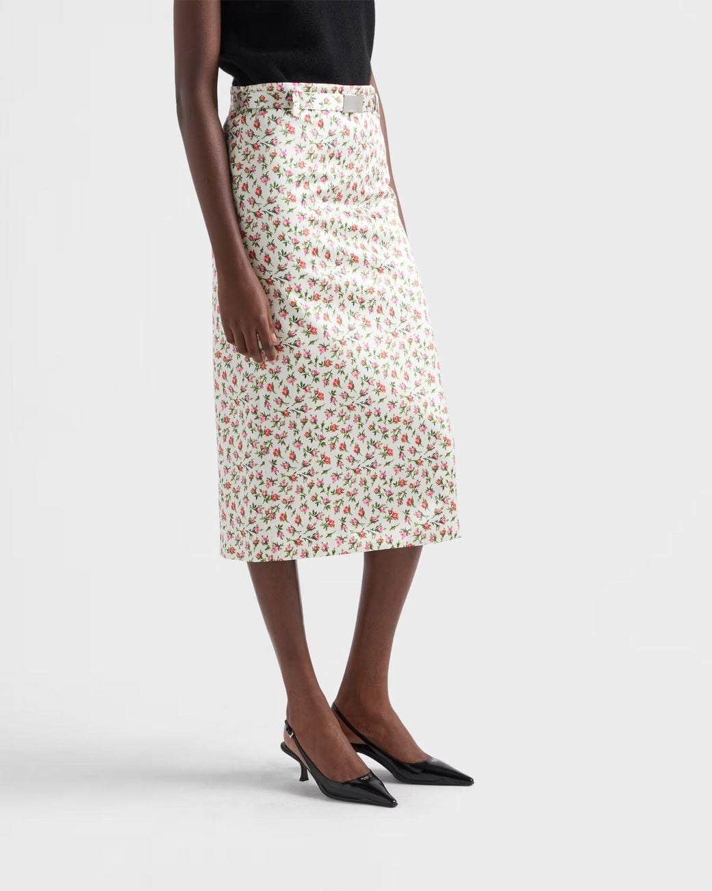 Prada White Printed Silk Duchesse Midi Skirt