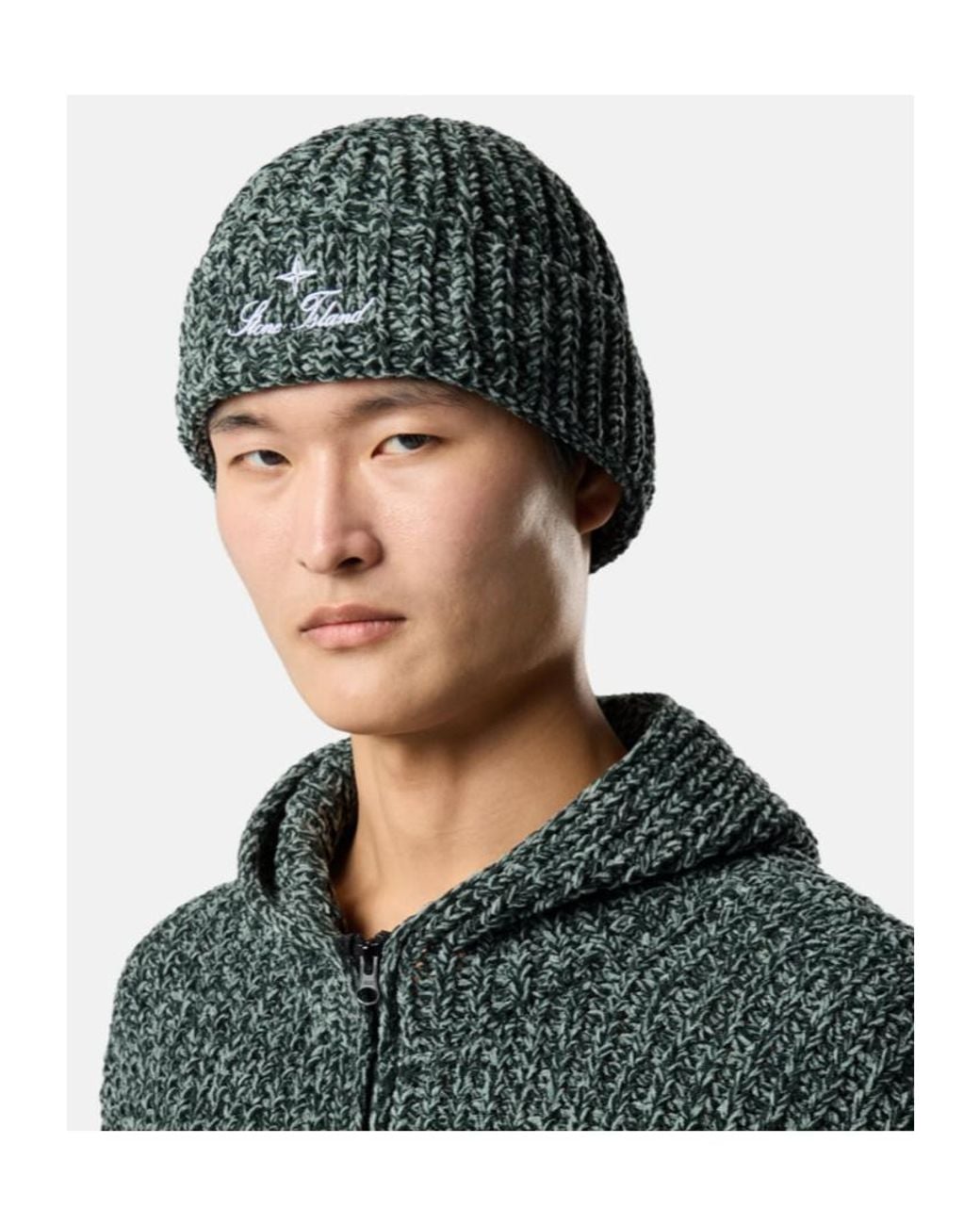 Stone Island Green Beanie With Archival Script Logo Embroidery for men