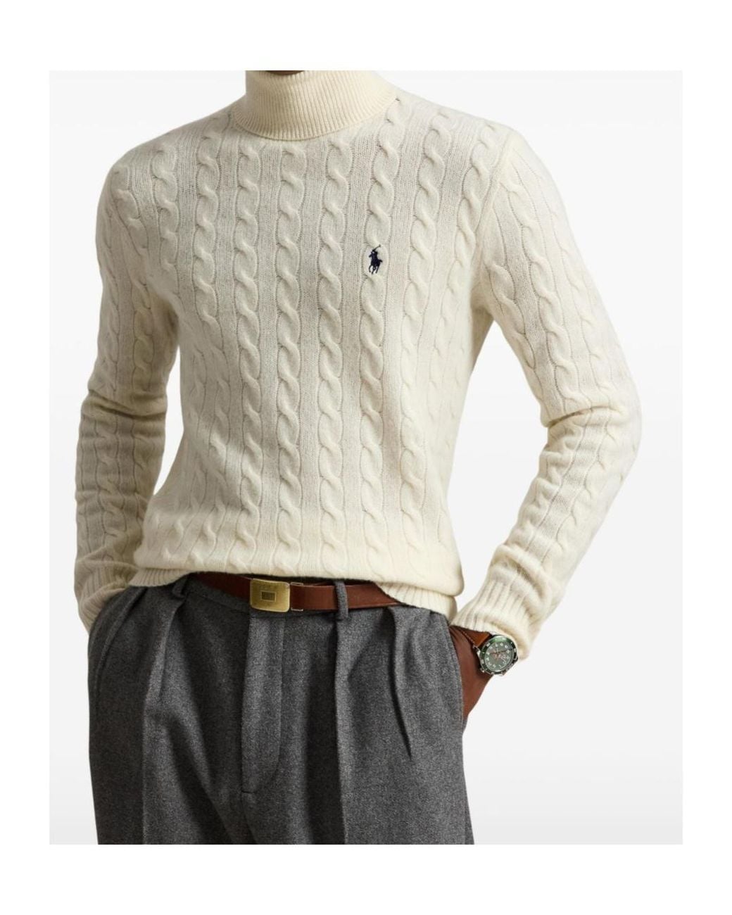 Polo Ralph Lauren White Ralph Lauren Cable-Knit Turtleneck Knitted Sweater for men