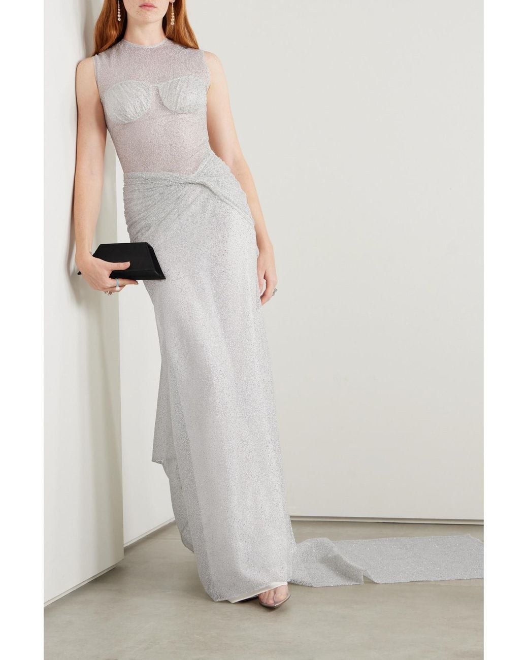 Sandra Mansour White Sequin Train Gown