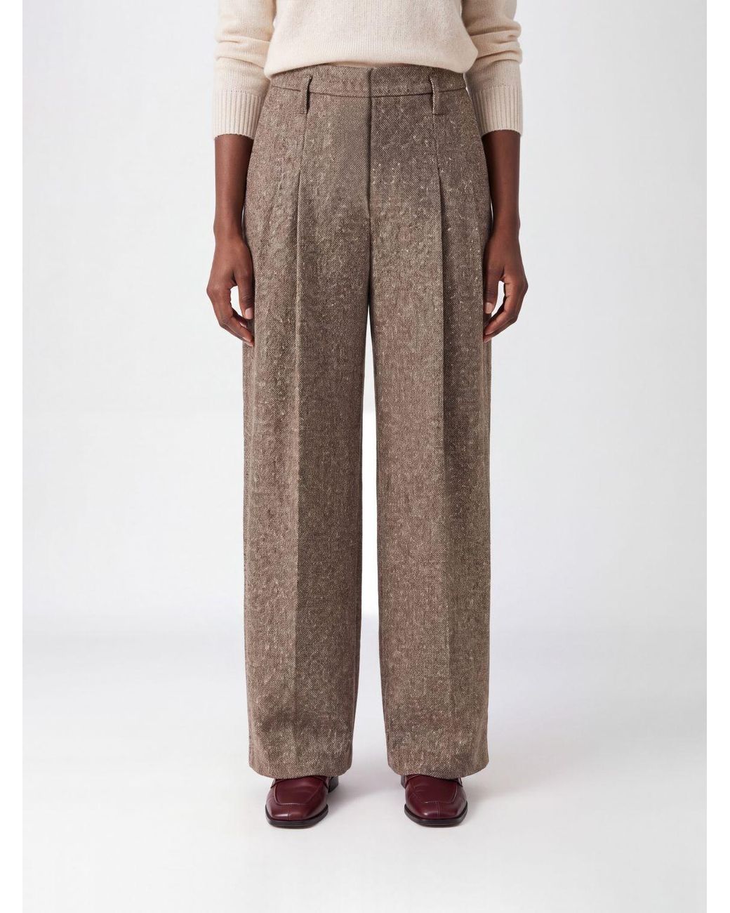 Brunello Cucinelli Natural Virgin Wool Donegal Pleated Barrel Trousers With Monili