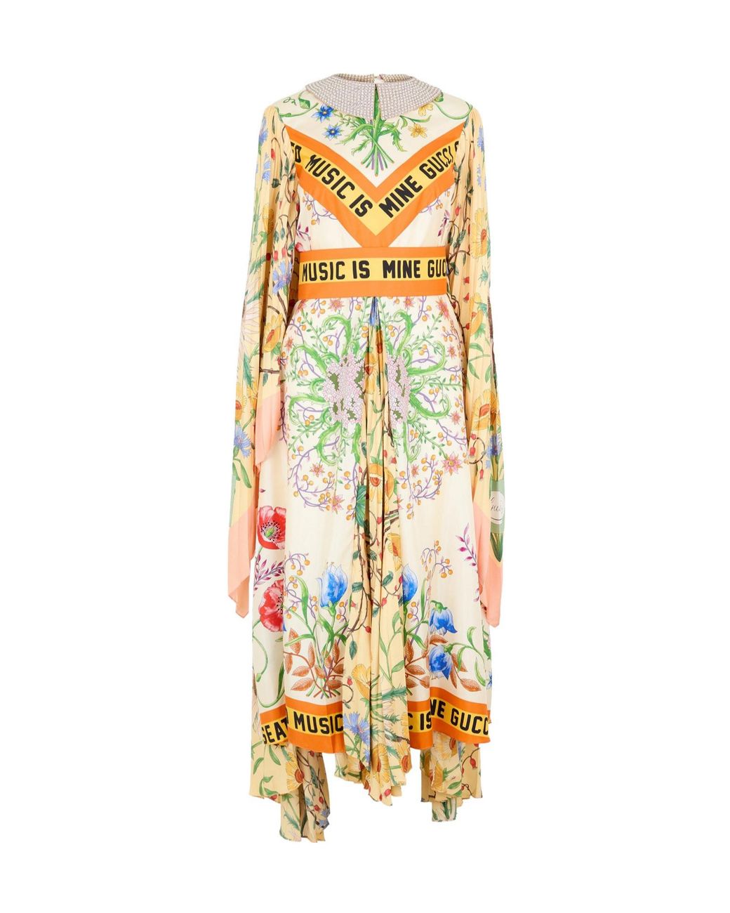Gucci Metallic Floralslogan Print Asymmetric Midi Dress