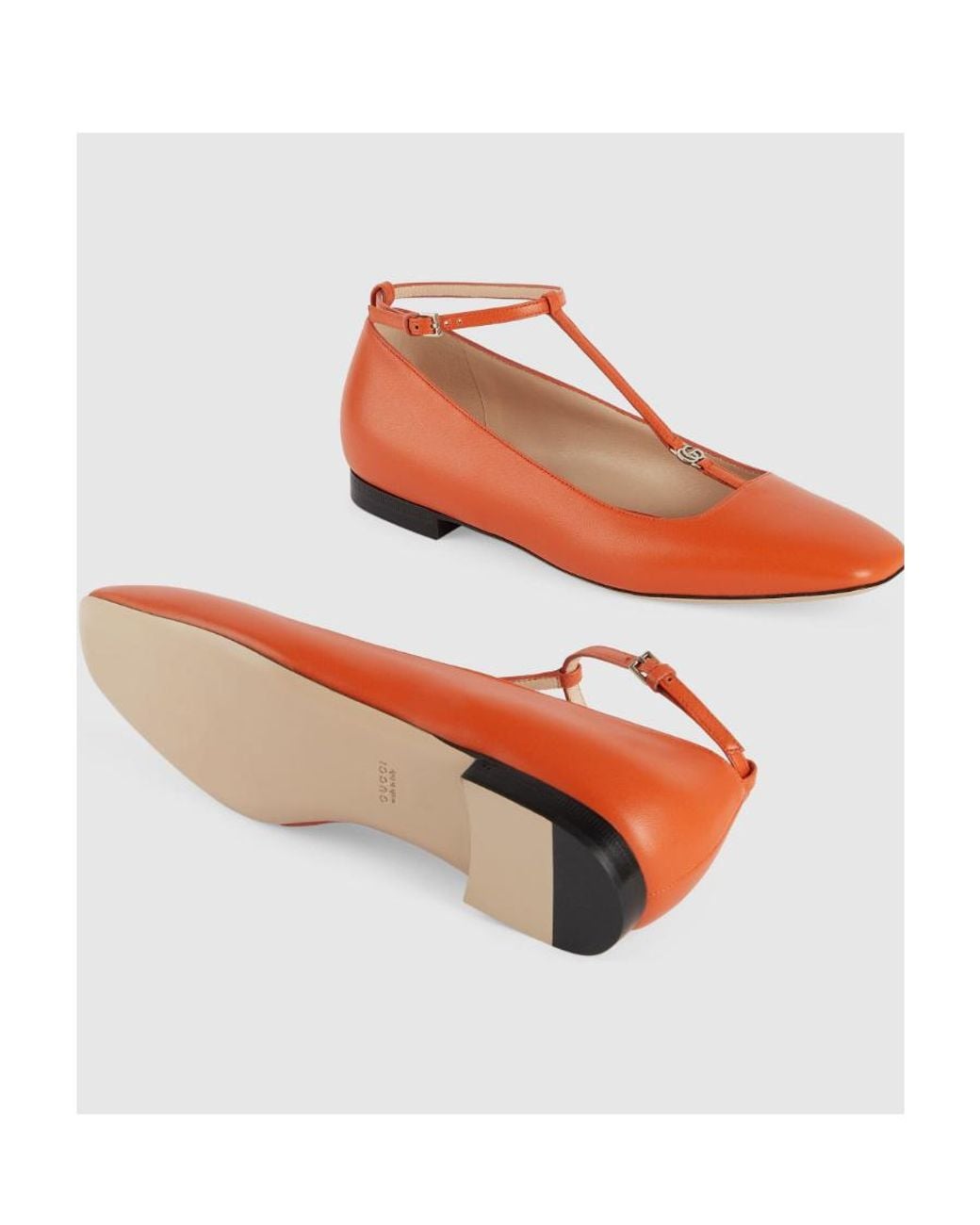 Gucci Orange Gg-Plaque T-Bar Ballerina Shoes