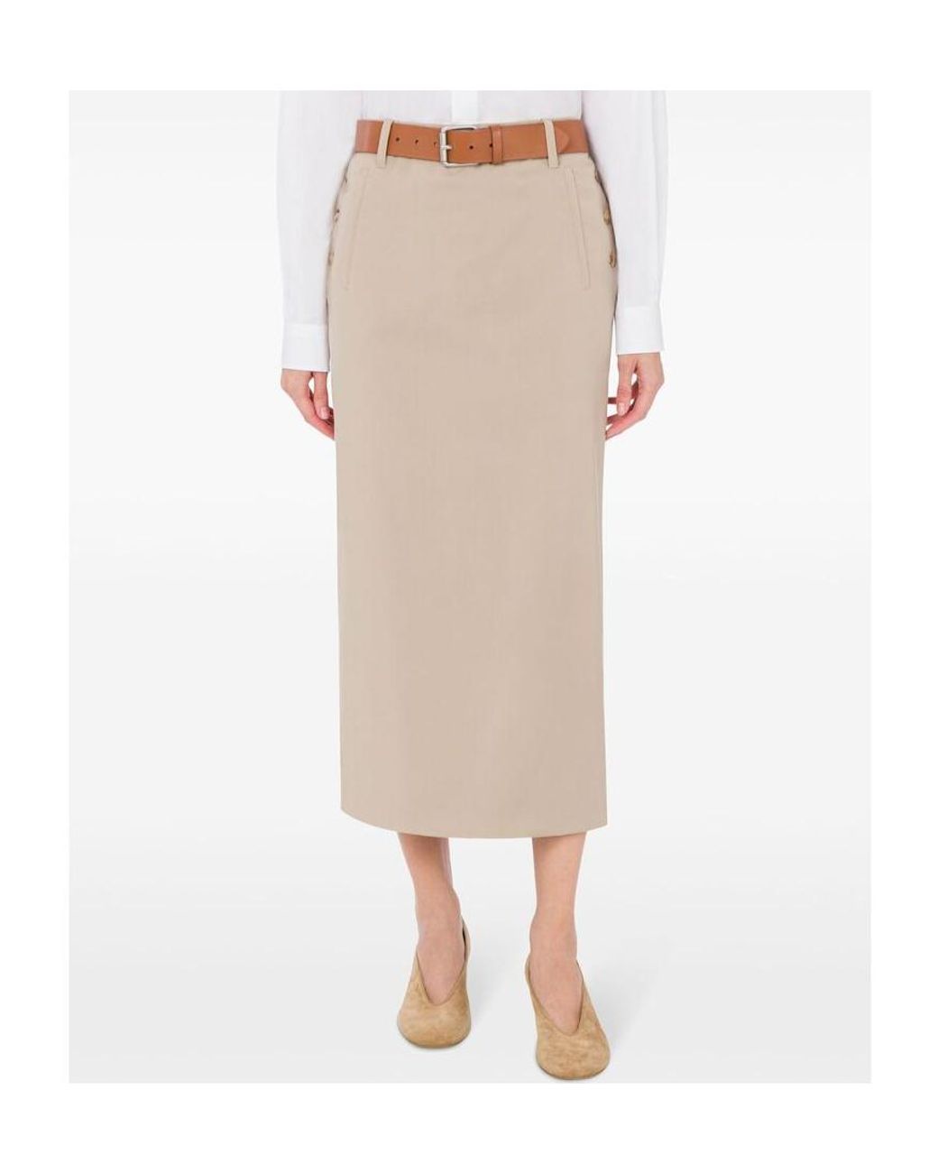 Moschino Natural Belted Buckle Detailed Midi Skirt
