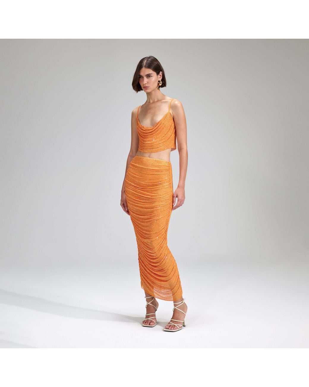 Self-Portrait Orange Rhinestone Mesh Top