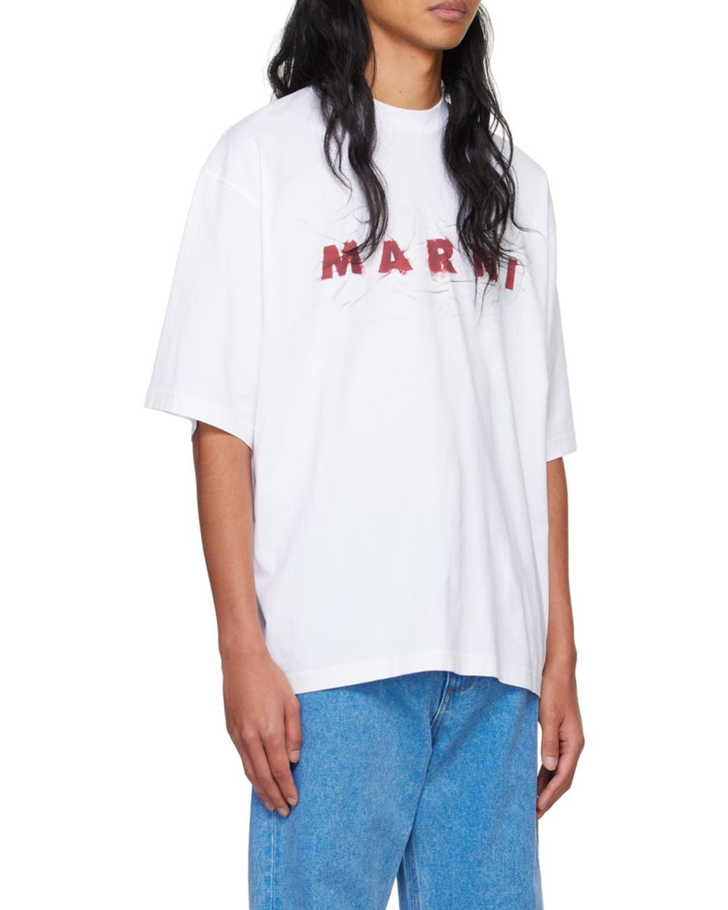 Marni White Logo Printed Crewneck T-Shirt for men