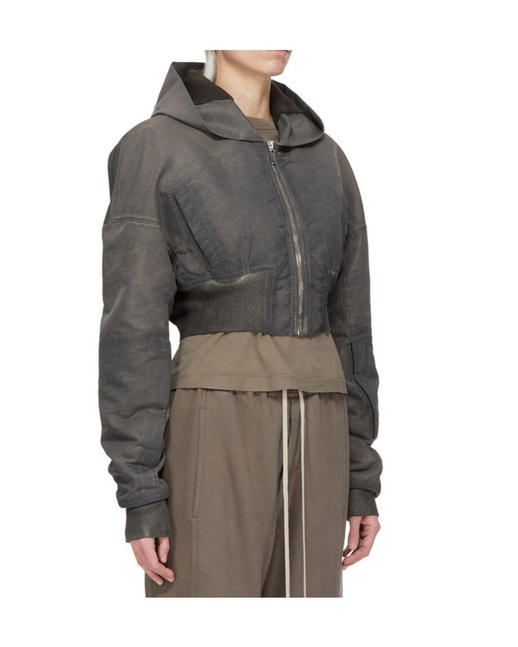 Rick Owens Gray Zip-Up Cropped Hoodie