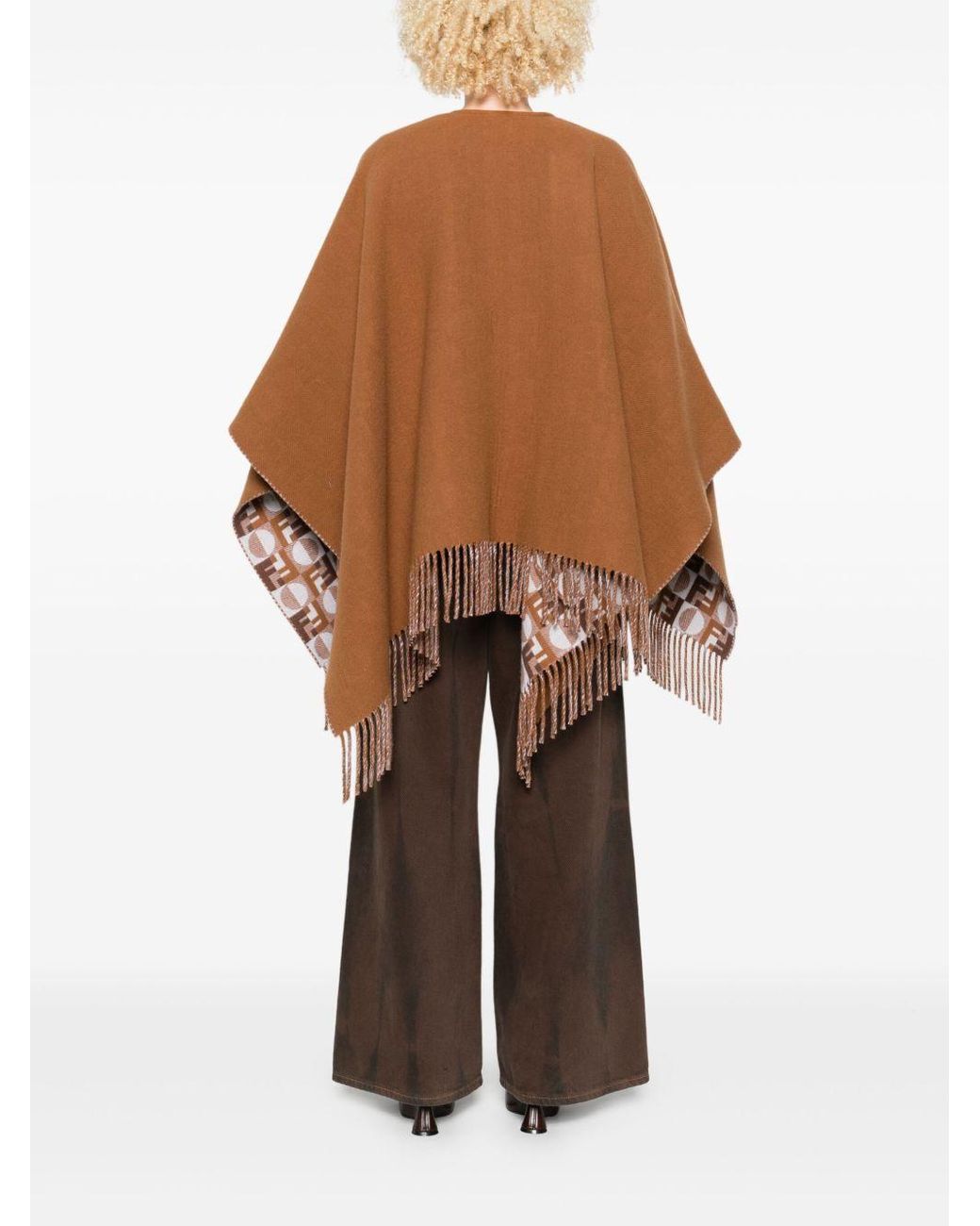 Fendi Brown Ff Jacquard Fringed-Edge Cape