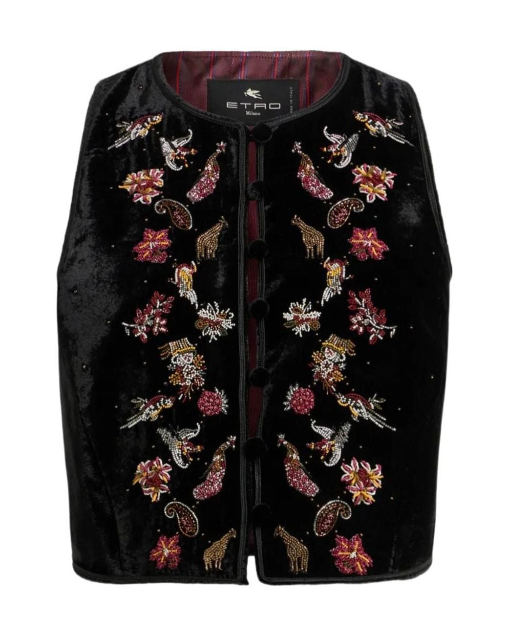 Etro Black Cropped Velvet Waistcoat With Embroidery And Beads
