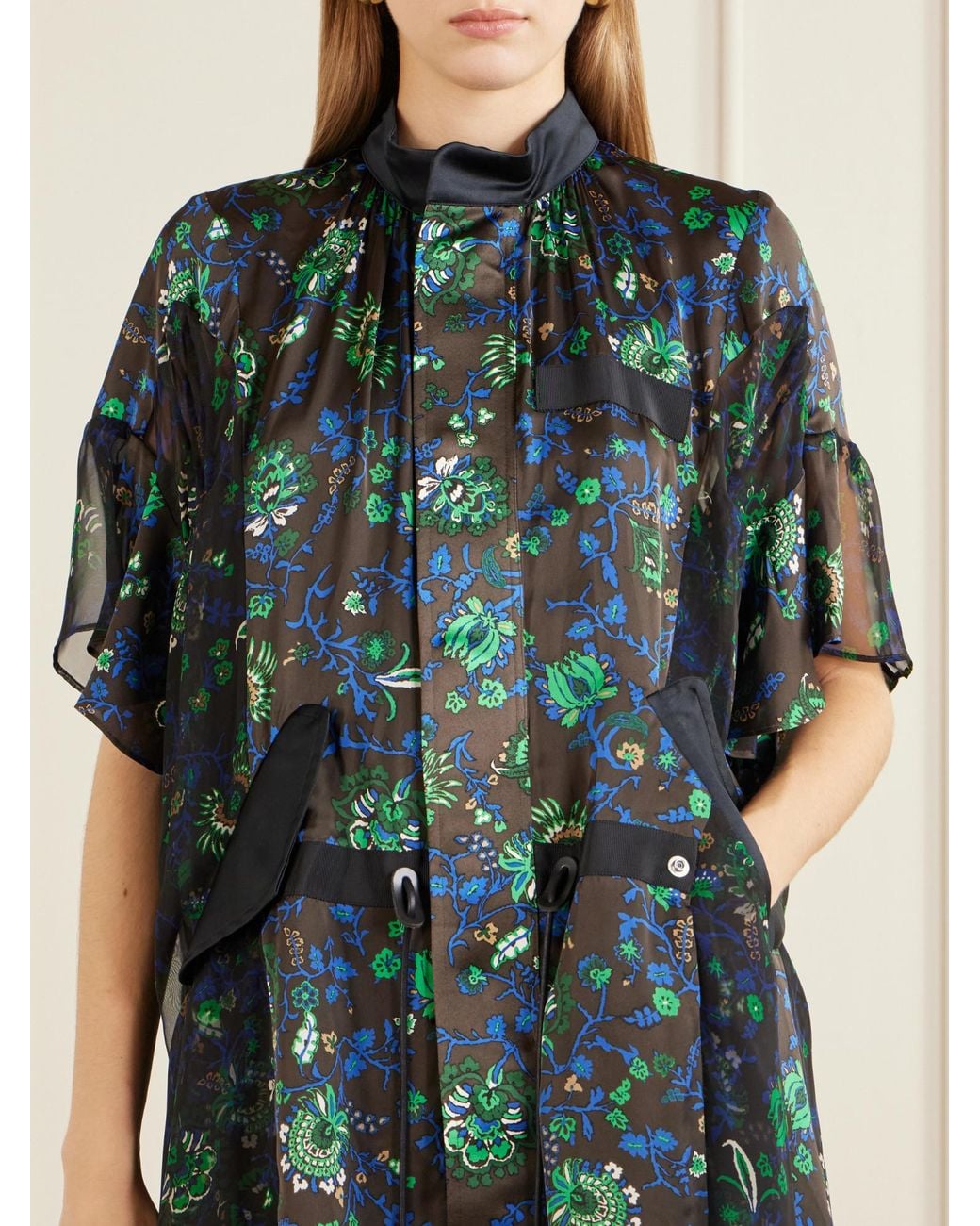Sacai Green Floral-Print Satin Midi Dress