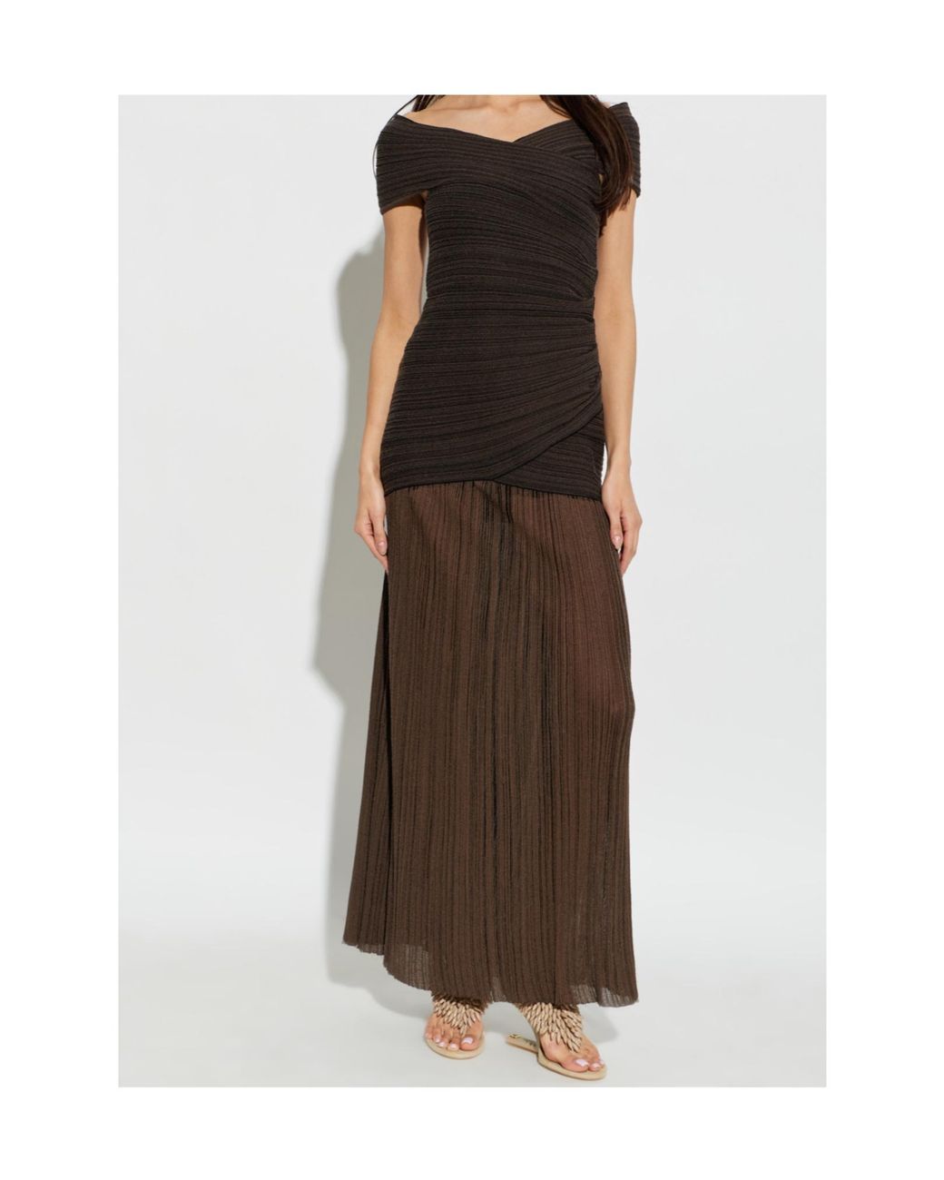 Balmain Brown Draped Off-Shoulder Dress