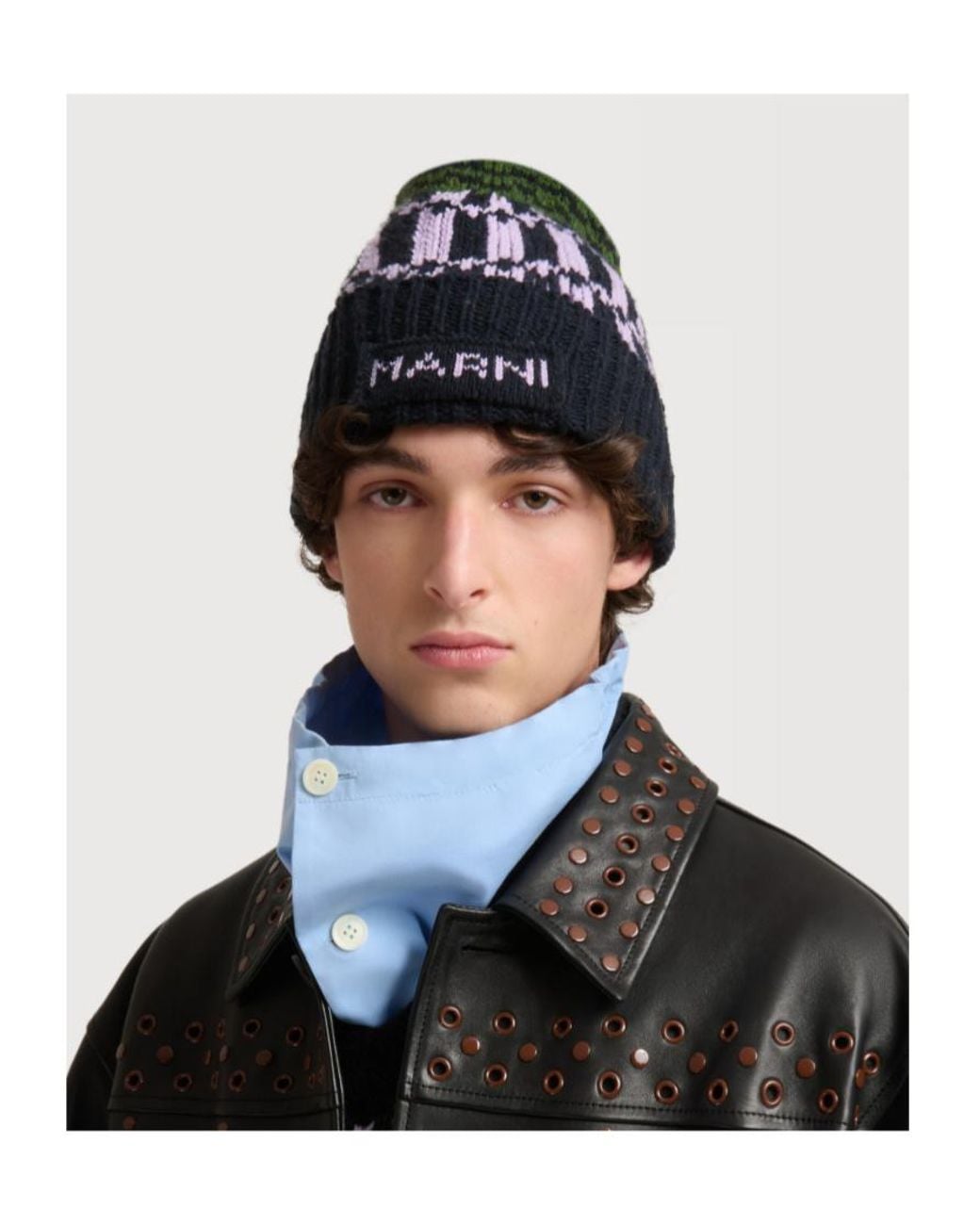 Marni Green Wool Beanie With Geometric Motif for men