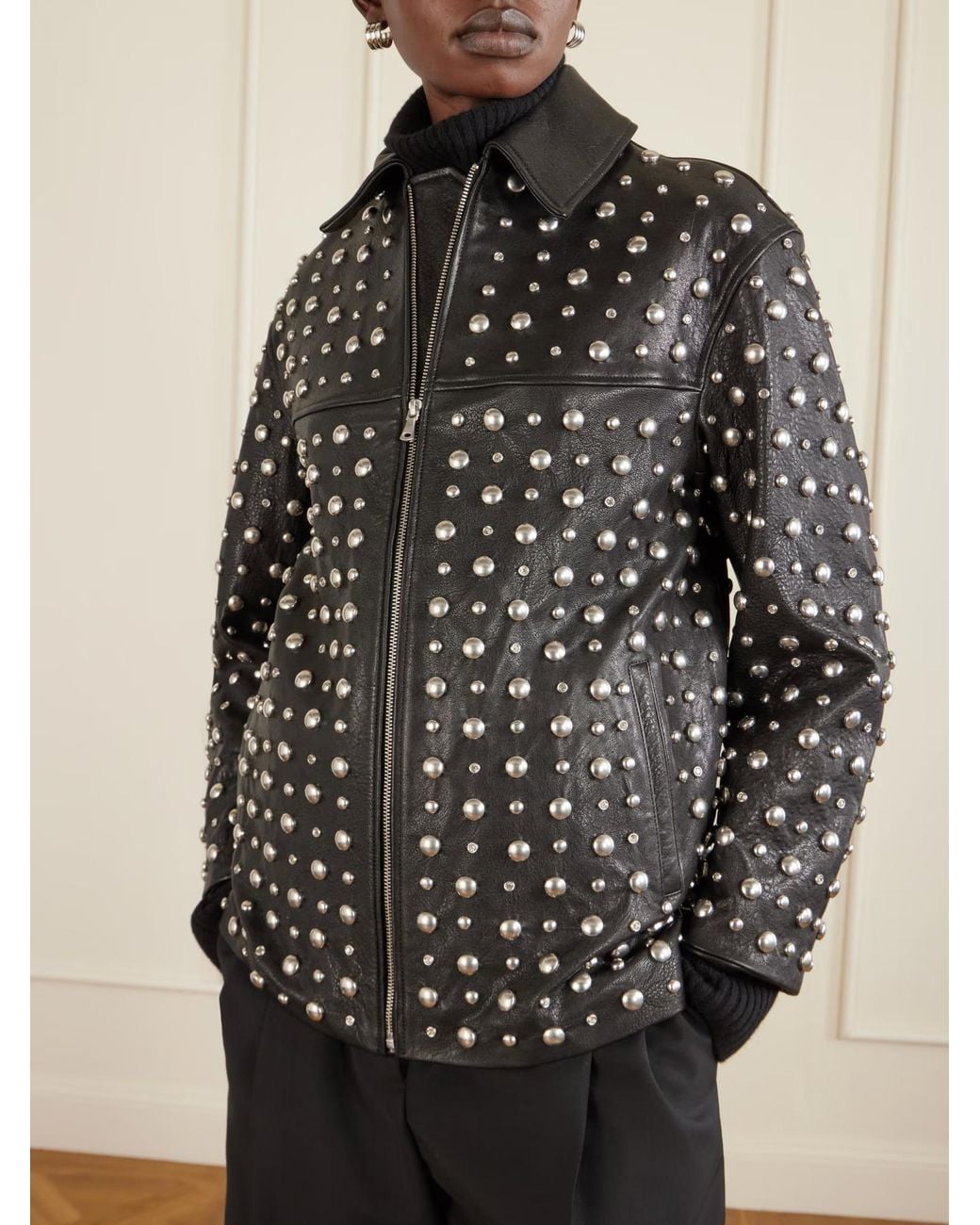 Nour Hammour Black Studded Zip Leather Jacket
