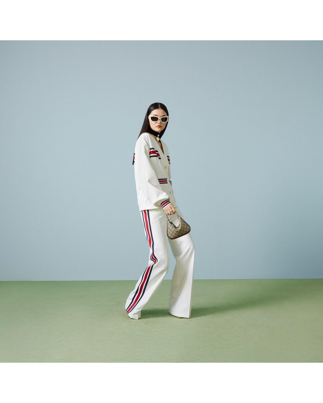 Gucci White Web-Striped V-Neck Cardigan
