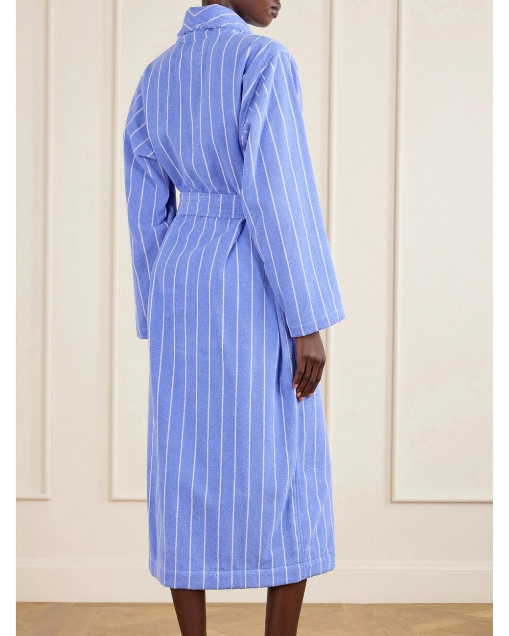 Tekla Blue Belted Striped Cotton-Terry Robe