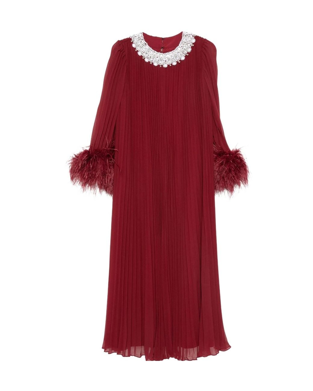 Self-Portrait Red Feather-Trimmed Chiffon Midi Dress