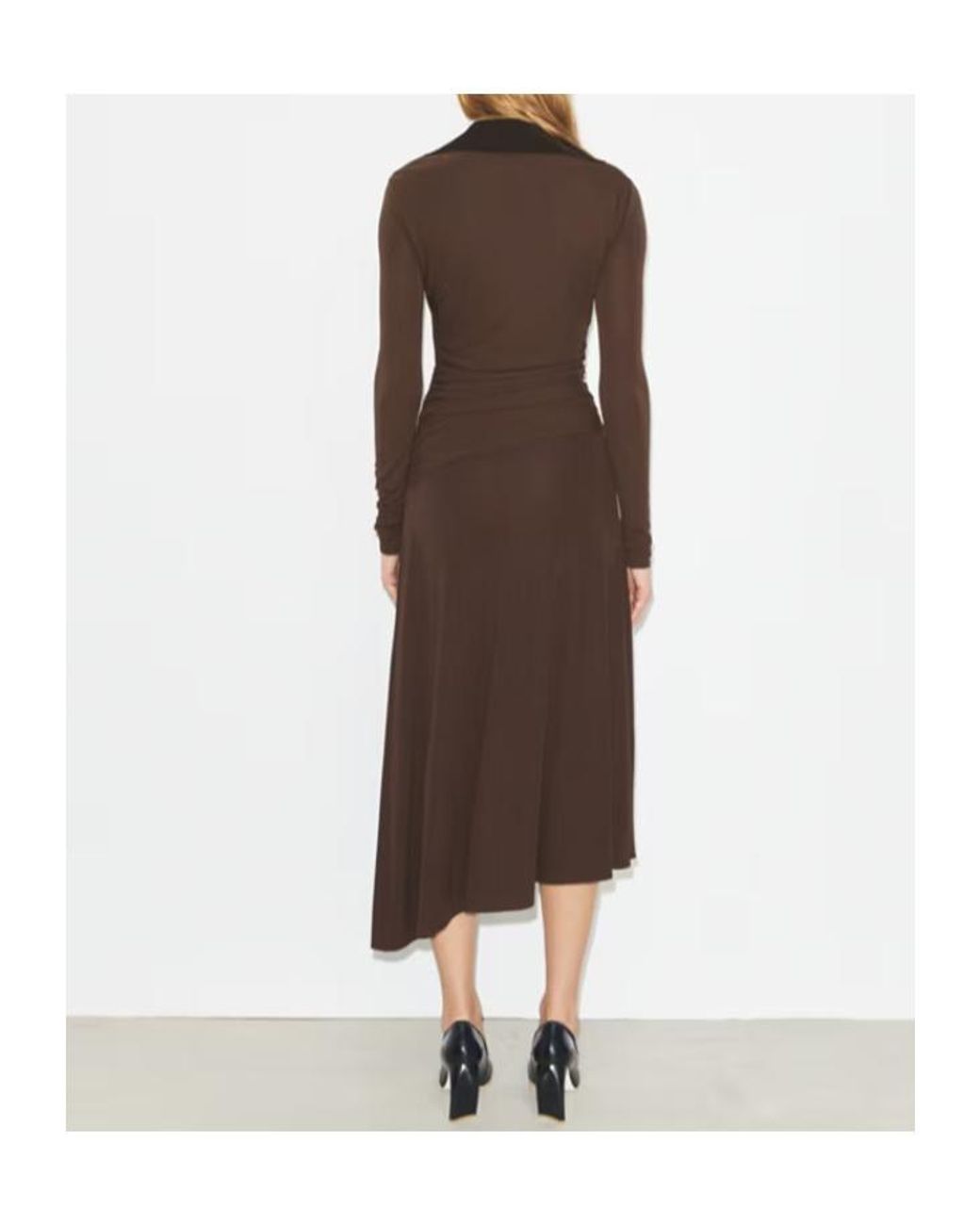 Tory Burch Brown Asymmetric Hem V-Neck Draped Dress