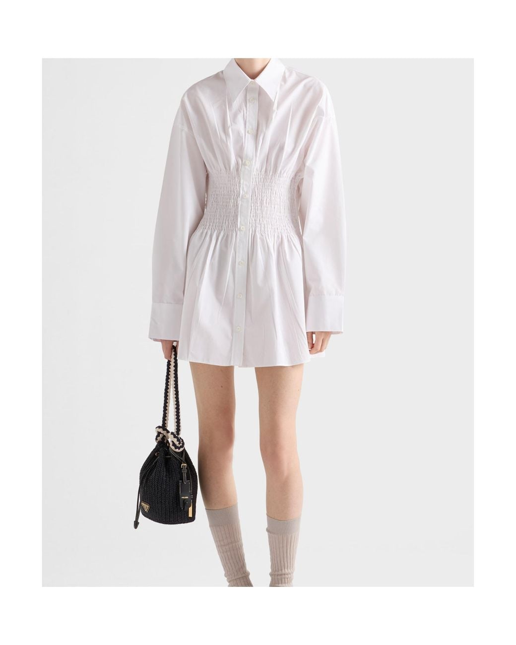 Prada White Smocked-Waist Long-Sleeved Poplin Shirt