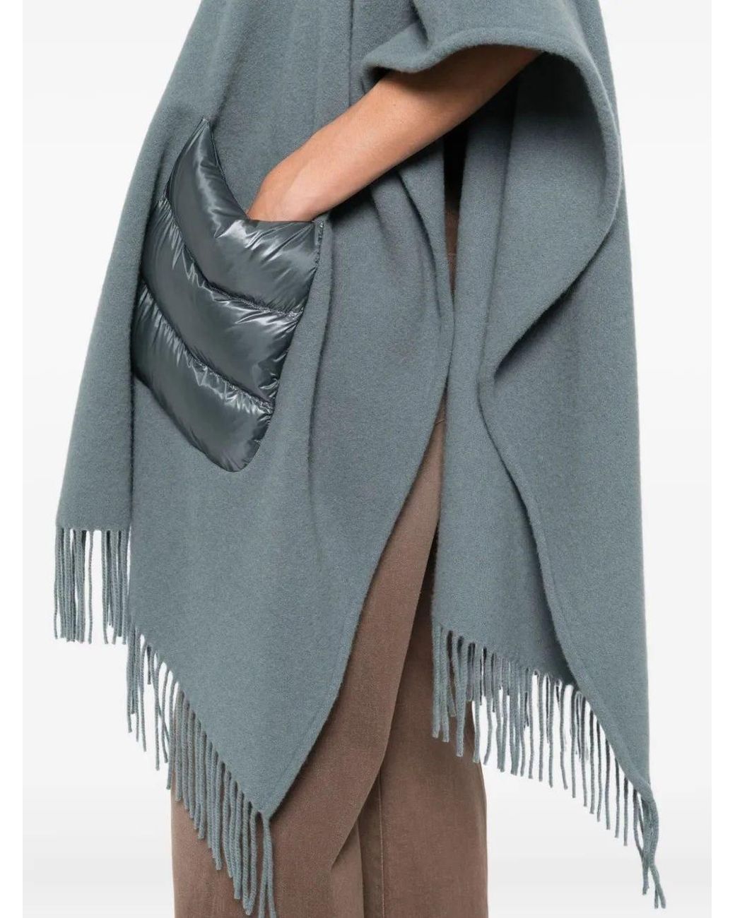 Herno Blue High-Neck Fringed-Edge Drawstring Poncho