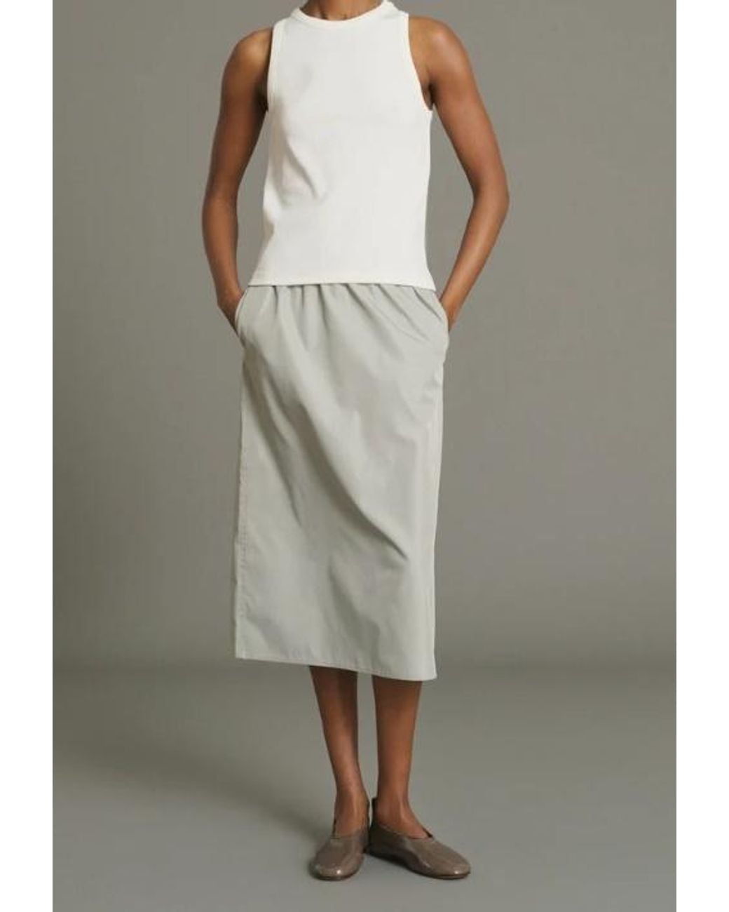 Soeur Gray Elastic Waist A-Line Midi Skirt