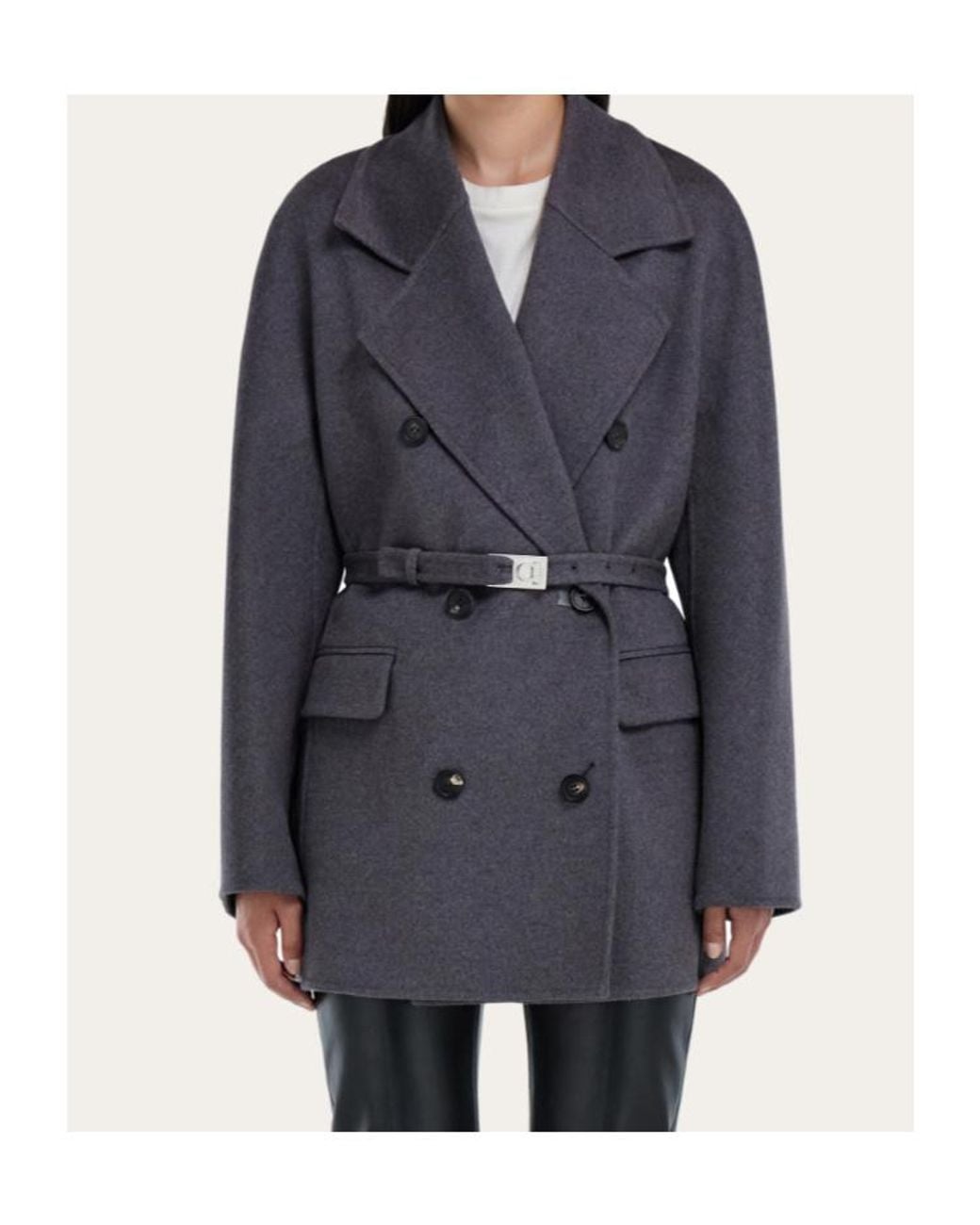 Ferragamo Blue Ferragamo Double Breasted Belted Long Jacket