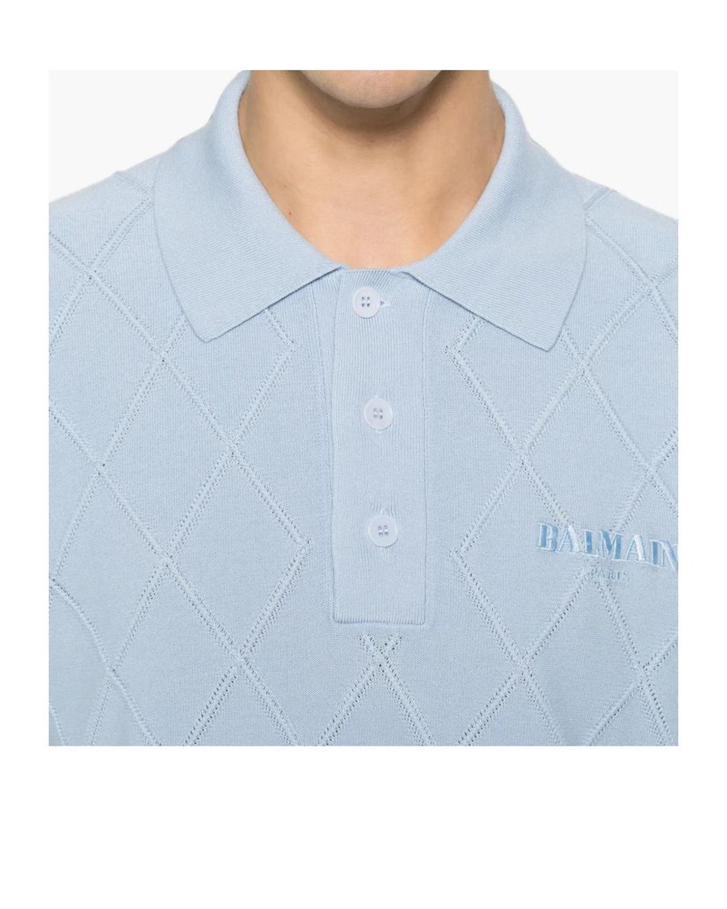 Balmain Blue Diamond-Knit Logo-Embroidered Polo Shirt for men