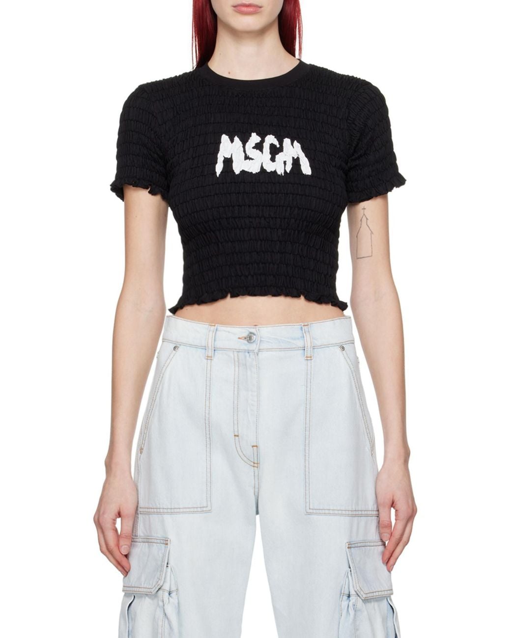 MSGM Black Logo-Printed Smocked Cropped Top