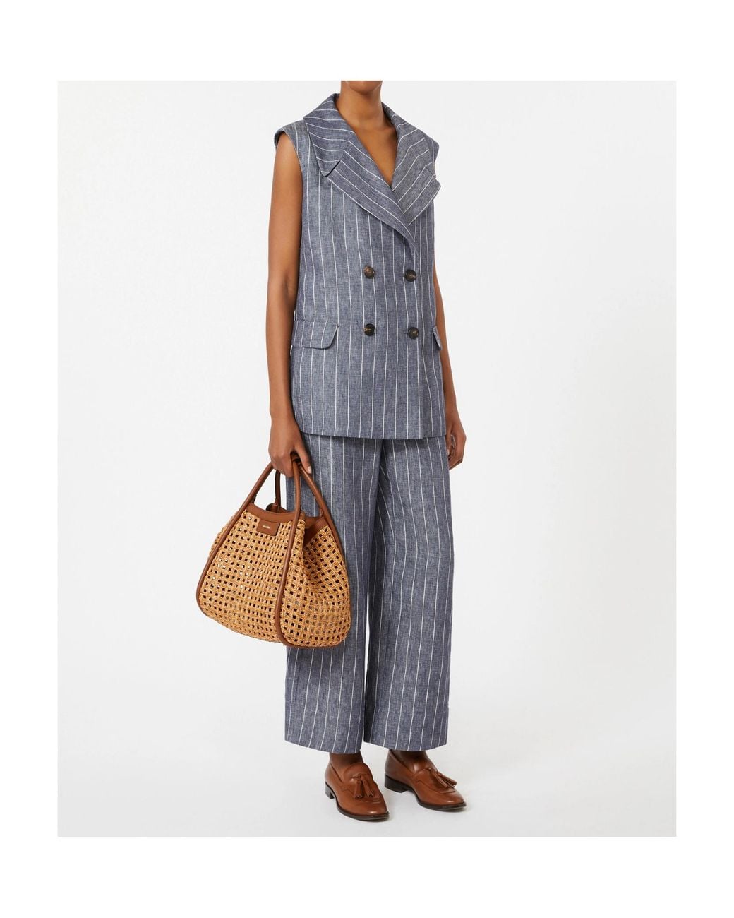 Max Mara Blue 'S Cresta Pinstriped Wide Leg Pants