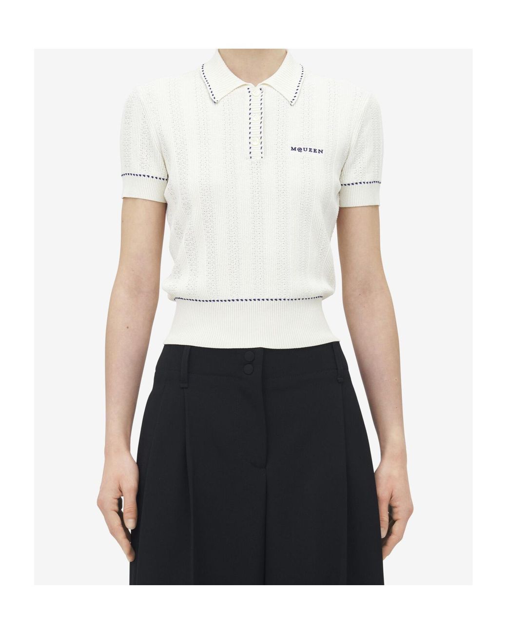 McQueen White Logo Embroidered Knitted Polo Shirt