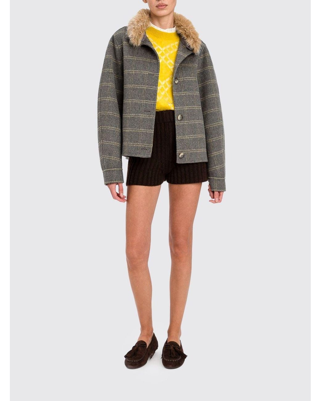 Twinset Gray Double Check Wool Caban Coat With Faux Fur