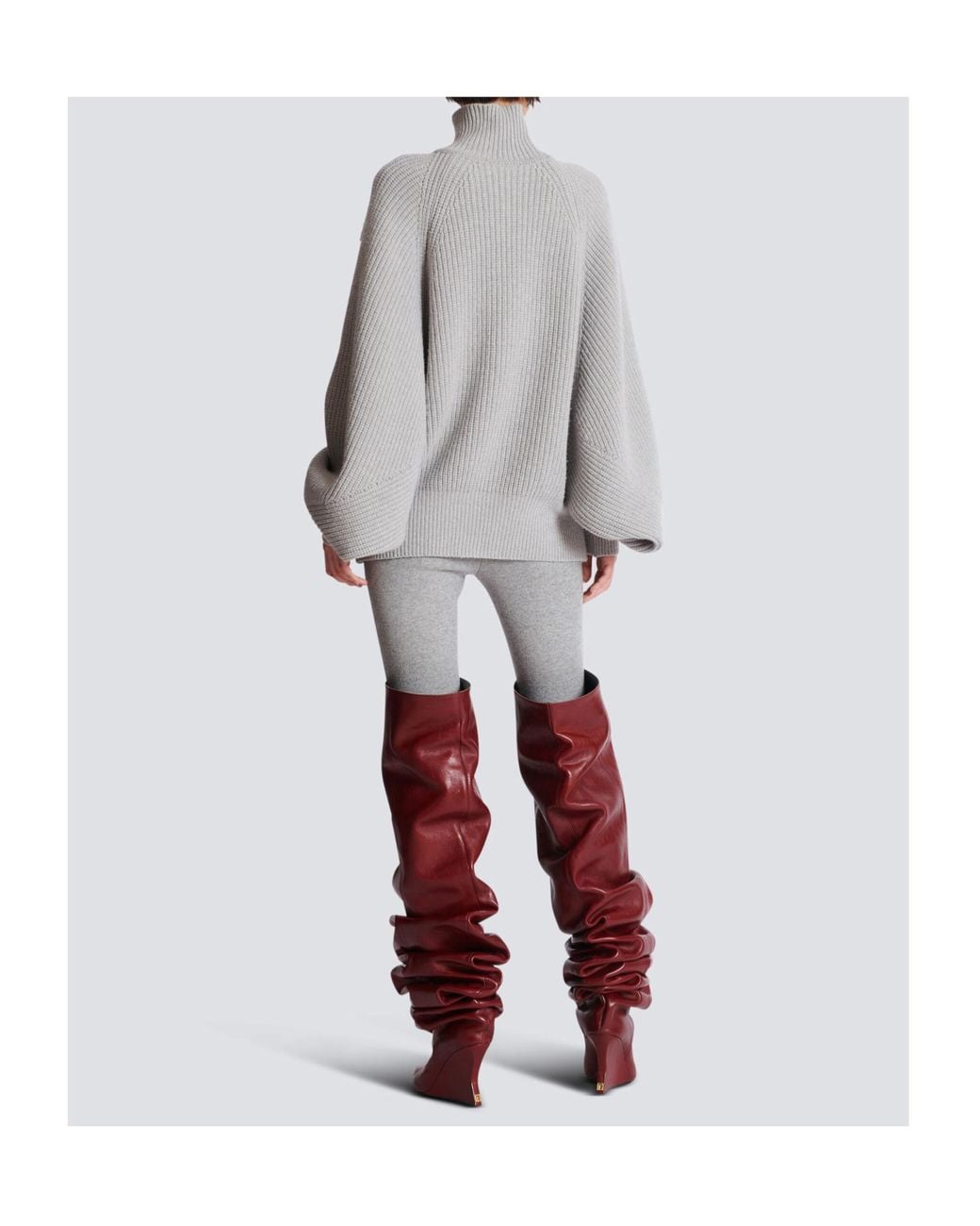 Balmain Gray High-Neck Ribbed Knit Jumper