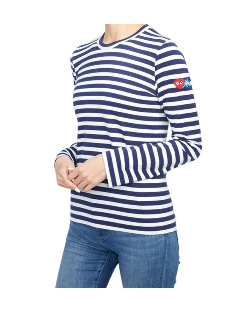 COMME DES GARÇONS PLAY Blue X Invader Pixelated-Heart Striped Top